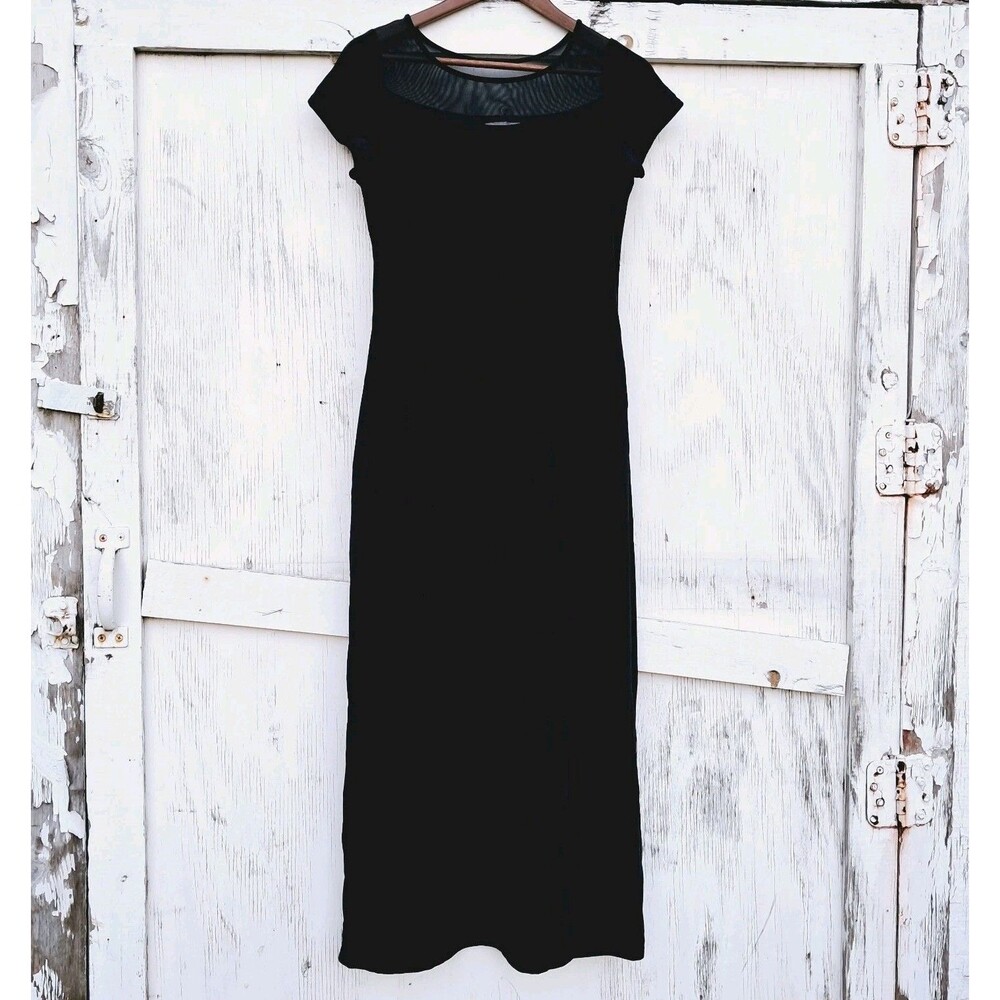Vtg 90's Y2k Women Sheer Mesh Yoke Black Sexy Long Dress Goth Grunge Party 8 M L